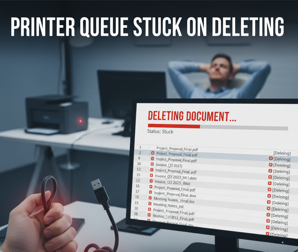 printer queue stuck on deleting
