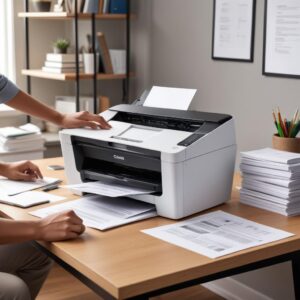 A busy home office desk with a sleek laser All-In-One printer quickly churning out stacks of documents, while a person works on a laptop next to it. Emphasize speed and efficiency.