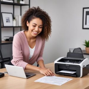 A cheerful young woman happily printing documents from her laptop wirelessly to a compact all-in-one printer in a modern home office setting. The printer is sleek and the desk is tidy.