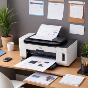 A clean and organized desk with an All In One Printer Jiji prominently featured. The printer is shown actively printing, with paper emerging from the output tray. In the background, there are various tech gadgets, and a calendar on the wall, symbolizing productivity and organization.