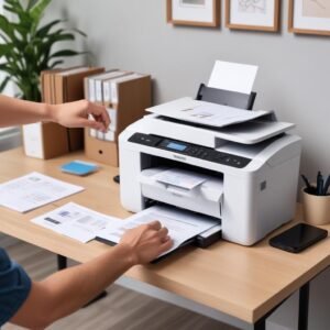 A clean and organized home office desk with a chosen