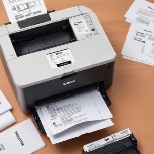 A clean, minimalist flat lay image showing a Canon All-in-One Laser Printer toner cartridge next to a stack of crisp, neatly printed documents, symbolizing efficiency and quality.