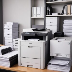 A clean, minimalist image depicting a robust, professional-looking Laser Printer on an office desk, surrounded by stacks of sharp, black-and-white documents, and perhaps a small