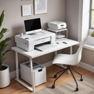 A clean, modern home office or student desk with a sleek multifunction printer that clearly supports F4 documents, a laptop, and neatly organized documents, emphasizing productivity and ease.