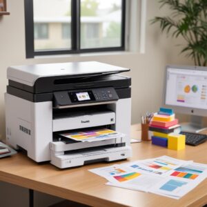 A clean, well-maintained Kodak All-in-One printer sitting on a desk next to a Windows 11 desktop computer, with a stack of freshly printed colorful documents. The scene conveys successful and optimized operation.