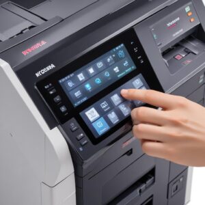 A close-up of a Kyocera all-in-one printer's control panel, showcasing a user-friendly touchscreen interface with various options for printing, scanning, and copying.