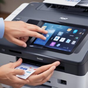 A close-up of a hand interacting with the touchscreen panel of an All-In-One Brother Printer, showing icons for print, scan, copy, and various cloud services. The background is a blur of a busy office or study space.