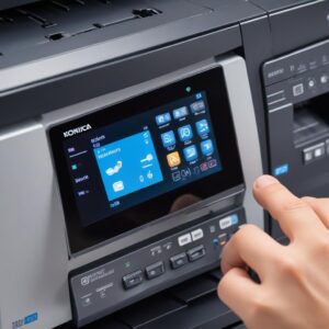 A close-up shot of a Konica Minolta printer's control panel, showing a user-friendly touch screen with clear icons for print, scan, and copy functions. A hand is gently pressing an icon.