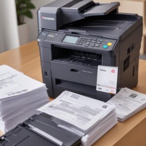 A close-up shot of a Kyocera ECOSYS toner cartridge next to a pile of printed documents, highlighting the cost-effectiveness and high yield. Show a clean, well-organized desk environment.