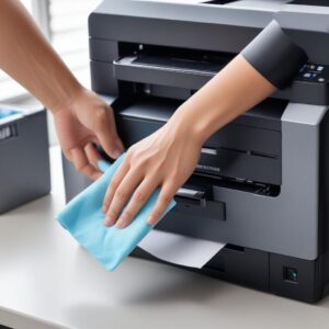 A close-up shot of a hand gently cleaning the exterior of an all-in-one printer with a soft microfiber cloth. The background shows a well-organized office or home setup, emphasizing care and maintenance.