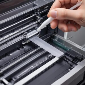 A close-up shot of a hand gently cleaning the transparent encoder strip inside an open Epson printer using a cotton swab. The print head is visible in the background.