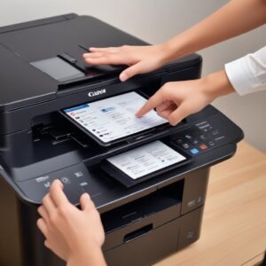 A close-up shot of a hand interacting with a touch screen interface of a Canon All-in-One Laser Printer, showing various menu options like Print, Scan, Copy, and Cloud. A smartphone is visible in the background, connected wirelessly.