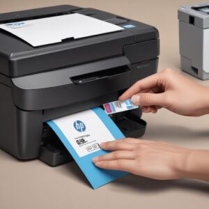 A close-up shot of a hand placing a new, original HP ink cartridge into an All-in-One HP Deskjet printer. The cartridge packaging is visible, emphasizing