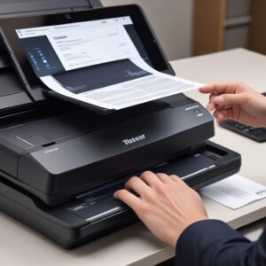 A close-up shot of a hand placing an F4 document onto a flatbed scanner, with a digital interface on a laptop screen showing