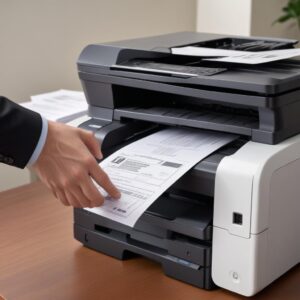 A close-up shot of a hand placing a stack of documents into the Automatic Document Feeder (ADF) of an HP LaserJet All-in-One printer. The printer's control panel, possibly a touchscreen, is visible in the background, showing scanning options.
