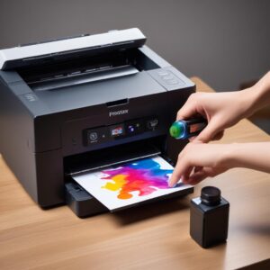 A close-up shot of a hand refilling an ink tank printer with a bottle of colorful ink. The printer model is an all-in-one wireless type. Emphasize the ease and cleanliness of the refill process.