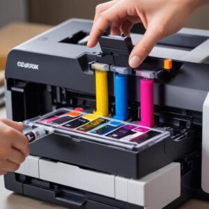 A close-up shot of a hand refilling an ink tank printer with a bottle of colorful ink, showcasing the ease and economy of the ink tank system. The printer is an Ink Tank All In One.