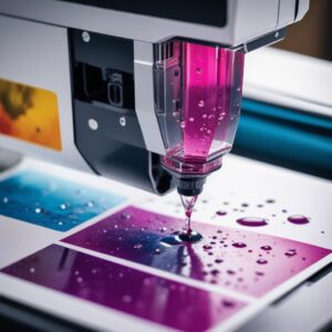 A close-up shot of a modern inkjet printer head printing a vibrant photo onto glossy paper, showing tiny ink droplets.