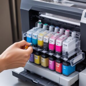 A close-up shot of a person refilling the ink tank of an