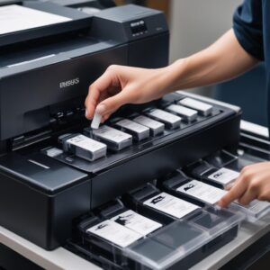 A close-up shot of a person refilling ink into an Ink Tank (infus) printer, showing the clear ink tanks and the ink bottles. Hands are carefully pouring ink.