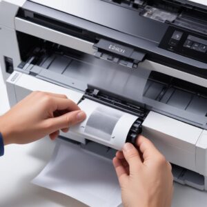 A close-up shot of a person using an air duster to clean the internal components of an open Epson printer, specifically targeting the paper sensor area and rollers. Dust particles are visible in the air, highlighting the cleaning process.