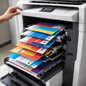 A close-up shot of a stack of vibrant, professionally printed color documents coming out of the output tray of a Colour Laser Printer All In One HP, emphasizing the crisp quality and speed.