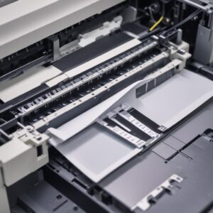 A close-up shot of an Epson Dot Matrix LX-310 printer's print head mechanism, with a new ribbon cartridge being installed. The background shows blurred continuous form paper.