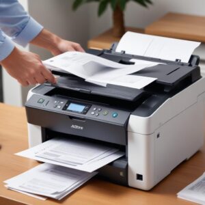 A close-up shot of an all-in-one printer's Automatic Document Feeder (ADF) in action, showing a stack of papers being fed through, emphasizing convenience and speed. The setting is a home office or small business environment.
