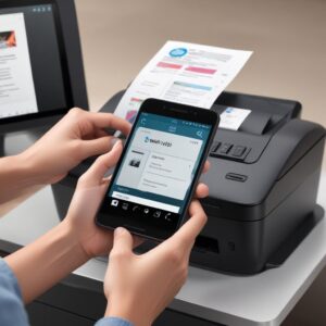 A close-up shot of hands interacting with the HP Smart App on a smartphone, displaying the various functions like print, scan, and ink levels, with the HP Deskjet Printer 2800e All In One Series in the slightly blurred background, emphasizing wireless connectivity.