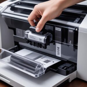 A close-up shot of hands refilling an ink tank printer using a bottle of ink, demonstrating the ease and efficiency of the ink tank system, with clear ink levels visible in the transparent tanks.