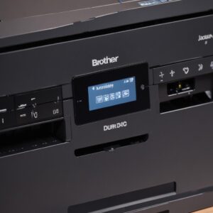 A close-up shot of the Brother All In One Printer J1010dw's control panel, highlighting its intuitive buttons and small display, suggesting ease of use.