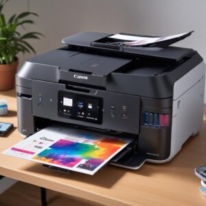 A close-up shot of the Canon G7020 All In One Printer's front panel, highlighting the visible ink tanks filled with colorful inks and the small LCD screen. The printer looks sleek and modern on a desk.