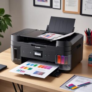 A close-up shot of the Canon Pixma G3010 All In One printer, highlighting its sleek design and the transparent ink tanks in the front, with various colorful inks visible. The printer is placed on a modern desk with a laptop and a few printed documents.