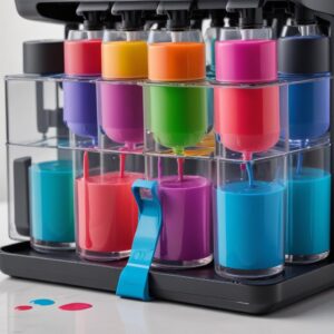 A close-up shot of the HP Smart Tank 520 All In One printer's transparent ink tanks, showing vibrant colored inks partially filled. The design is sleek and modern, highlighting the spill-free refill bottles placed near the tanks.