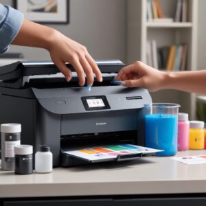 A close-up shot of the HP Smart Tank 5105 printer with its transparent ink tanks clearly visible, showing the vibrant colors of the ink inside. A hand is gently pouring ink from an HP original ink bottle into one of the tanks, illustrating the spill-free refill process. The background is a clean, modern home office desk.