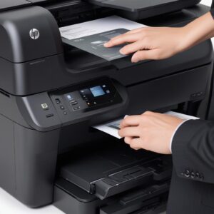 A close-up shot of the Hp Officejet 4500 All In One Printer G510g, highlighting its sleek black design and control panel, with a document being loaded into the scanner tray.
