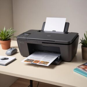 A close-up shot of the Hp Printer Deskjet 1050 All In One J410 Series, highlighting its compact design and the buttons on its control panel. The printer is placed on a clean, light-colored desk with a laptop next to it, suggesting a home office setup. Natural light illuminates the scene, making the printer look pristine and ready for use.