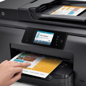 A close-up shot of the intuitive color touchscreen display of the HP Printer Officejet Pro 9125e All In One, showing various menu options clearly, emphasizing ease of use.
