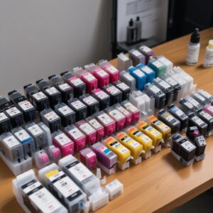 A close-up shot of various printer cartridges and refillable ink bottles, neatly arranged on a table, illustrating the difference between traditional cartridges and ink tank systems.