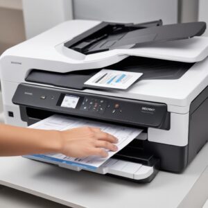 A close-up shot showing a hand placing a document into the scanner tray of an All-In-One Printer, with the printer's digital display showing