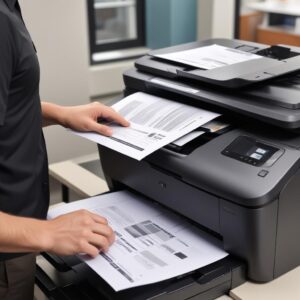A close-up shot showing a hand placing multiple documents into the Automatic Document Feeder (ADF) of an HP all-in-one printer, with a blurred background of a busy office or study desk, highlighting the efficiency feature.