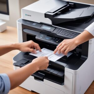 A close-up shot showing a person interacting with the touchscreen control panel of a Wifi All-In-One Laser Printer, navigating menus for scanning or copying a stack of documents placed in the Auto Document Feeder (ADF).