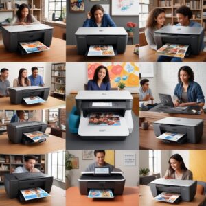 A collage of various HP All-in-One printers (inkjet, laser, ink tank) showcasing their different designs and features. A diverse group of people (student, home user, small business owner) are depicted happily using the printers in different scenarios.