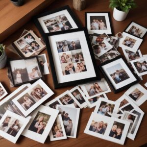 A collection of beautifully printed family photos, some framed and some in an album, showcasing the high-quality output of a good photo printer.