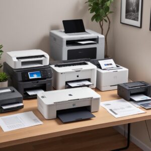 A collection of different printer models (inkjet and laser) arranged neatly, with a MacBook and some documents nearby, illustrating the variety of choices for Mac users.