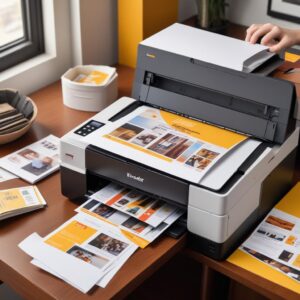 A collection of printed photos and documents, showcasing high-quality prints, next to a Kodak All-In-One printer, symbolizing the benefits of effective software use.