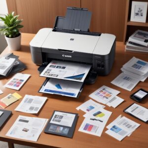 A collection of various documents and high-quality printed photos spread out next to the Canon G7020 All In One Printer, showcasing the crisp text and vibrant colors produced by the device, suggesting versatility for both home and office use.