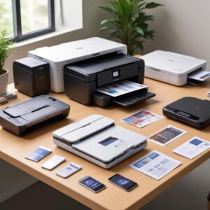 A collection of various mobile-friendly printers (HP, Epson, Canon, Brother, Xiaomi portable) arranged neatly on a desk, showcasing their diverse designs and sizes. A smartphone is in the foreground, pointing towards the printers.