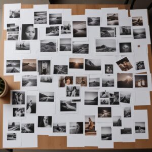 A collection of various printed photos (portraits, landscapes, abstract) laid out on a table, showcasing different sizes and paper types, with an all-in-one printer in the background.