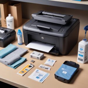 A collection of various printer maintenance tools, such as a compressed air can, a small soft brush, a microfiber cloth, and a bottle of printer cleaning solution, neatly arranged next to the Hp Printer Deskjet 1050 All In One J410 Series. The scene suggests regular care and maintenance, with a clean and organized workspace.